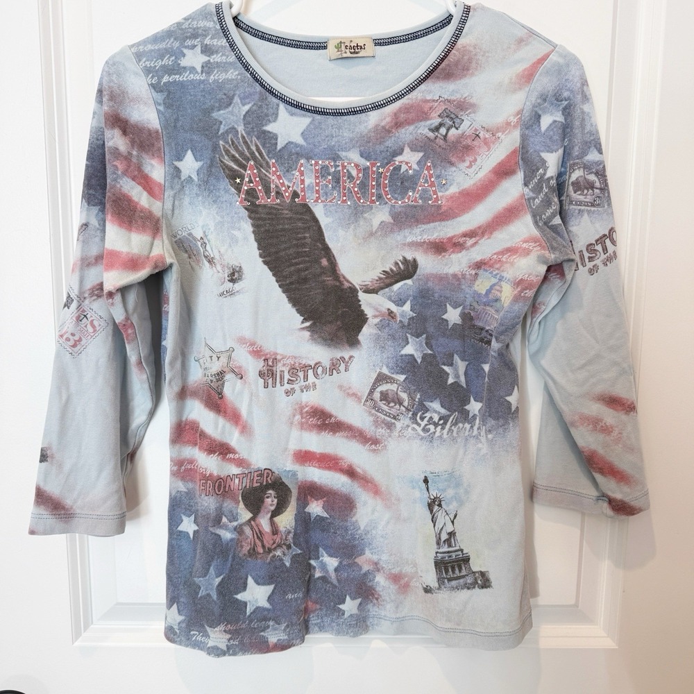 Vintage Cactus Womens AOP American Flag Top Small Y2K Americana USA Holiday‎